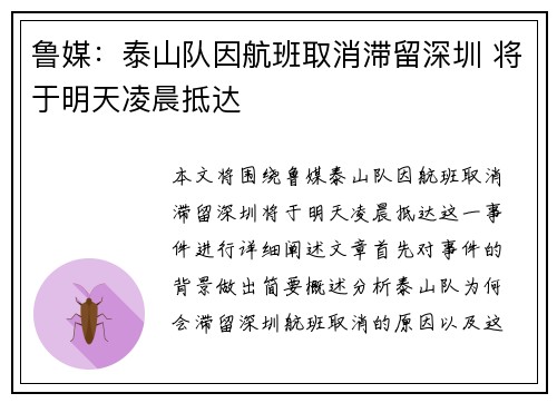 鲁媒：泰山队因航班取消滞留深圳 将于明天凌晨抵达