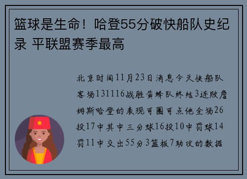 篮球是生命！哈登55分破快船队史纪录 平联盟赛季最高